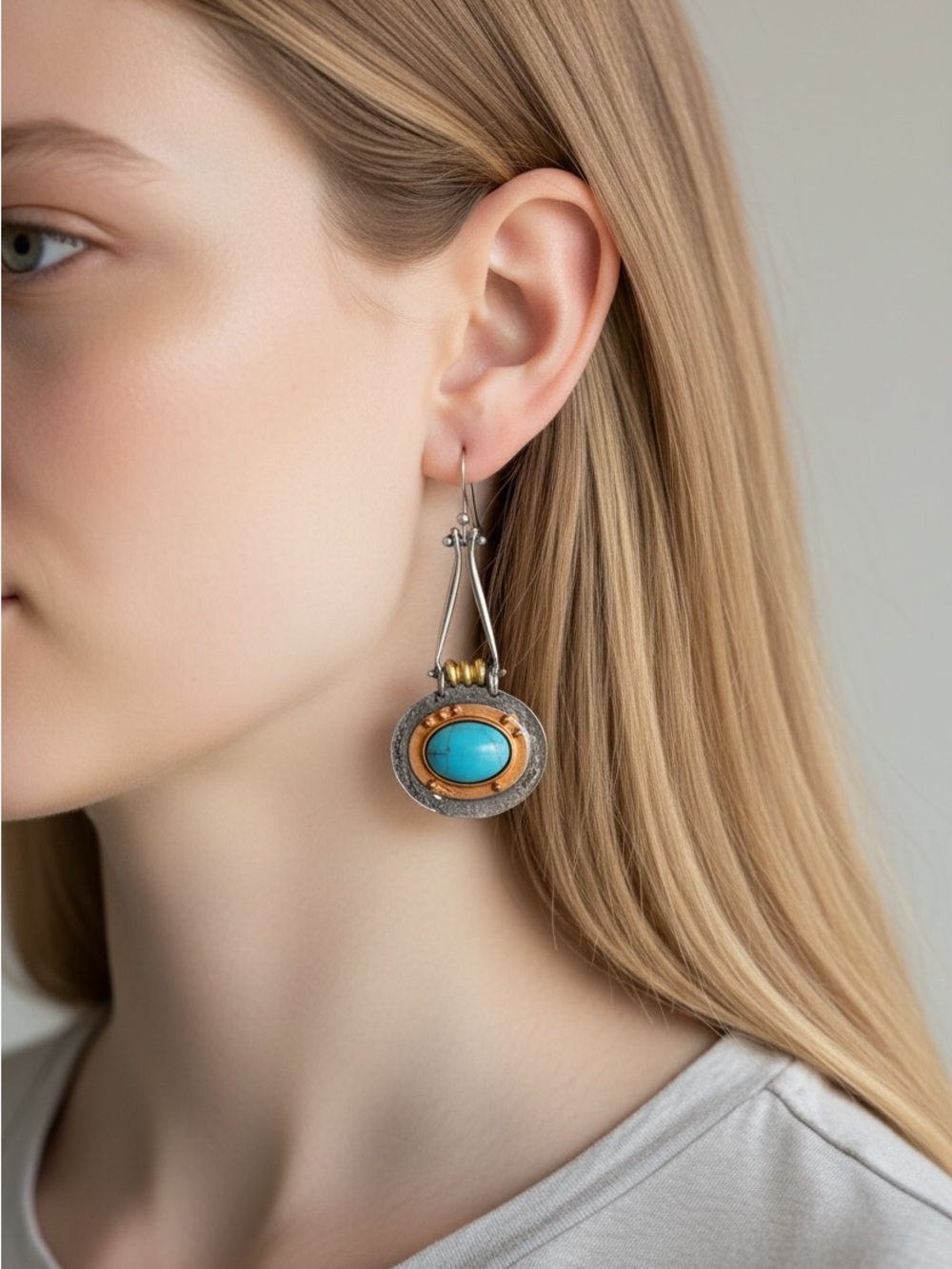 9/17 Handcrafted Turquoise Drop Earrings - Silver & Gold Accents